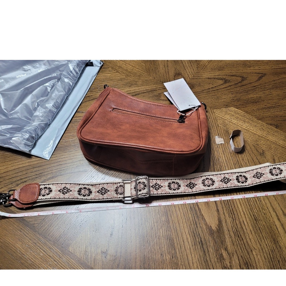 Aphison Brown Vegan Leather Crossbody Bag with Floral Guitar Strap NWT